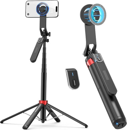 PlusAcc 69” Magnetic Selfie Stick Tripod - Extendable Phone Mount for MagSafe, 360°Rotation Travel Stand with Rechargeable Remote, Compatible with iPhone, Camera, Video Recording
