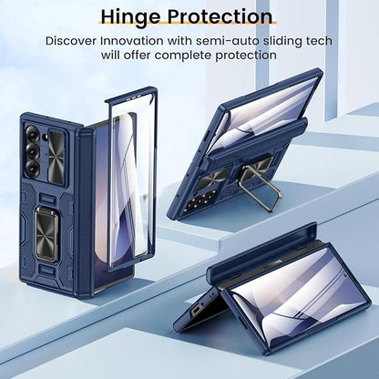 VEGO for Samsung Fold 6 Case with Slide Camera Cover&Hinge Protection,Blue | Built-in Screen Protector & 360°Rotecting Ring Stand, Shockproof Protective Phone Case for Samsung Z Fold 6 5G 2024