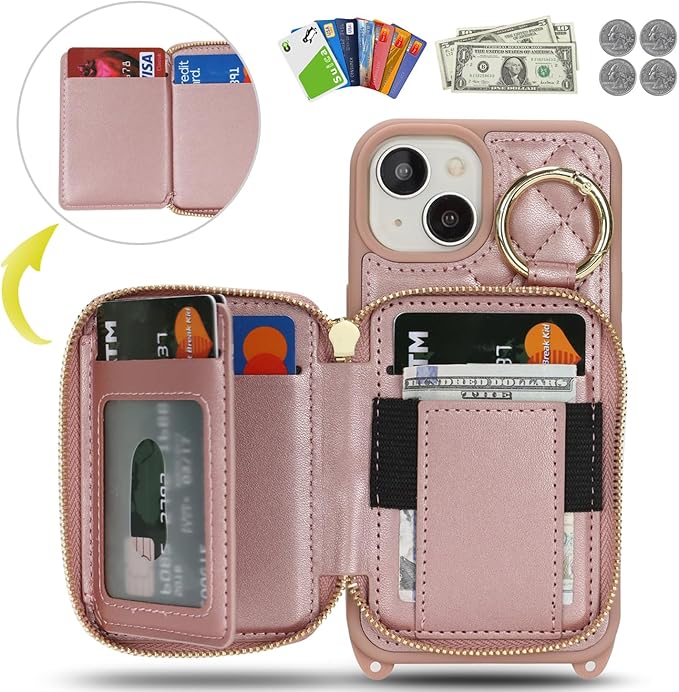 Crossbody Wallet Case for iPhone 14, PU Leather Zipper Handbag Purse Flip Cover, Kickstand Folio Case with Card Slots Holder Wrist Strap Lanyard 5G 6.1 Inch-Rose Gold