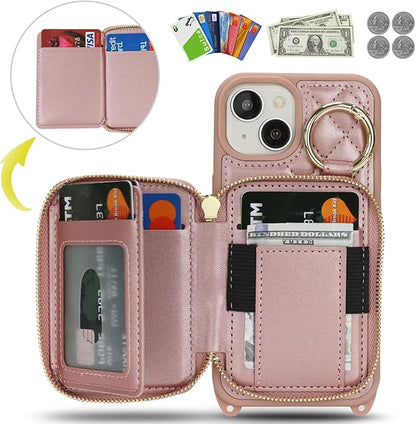 Crossbody Wallet Case for iPhone 14, PU Leather Zipper Handbag Purse Flip Cover, Kickstand Folio Case with Card Slots Holder Wrist Strap Lanyard 5G 6.1 Inch-Rose Gold