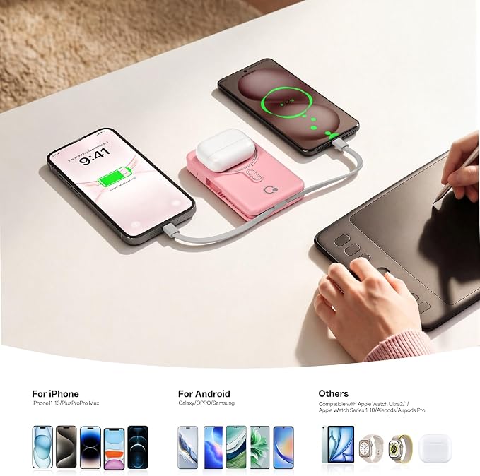 Q Magnetic Wireless Portable Charger 10,000mAh, Travel Essentials Power Bank with Built-in Cables & Foldable Stand, External Battery Pack Compatible with iPhone 17/16/15/14/13/12, Apple Watch