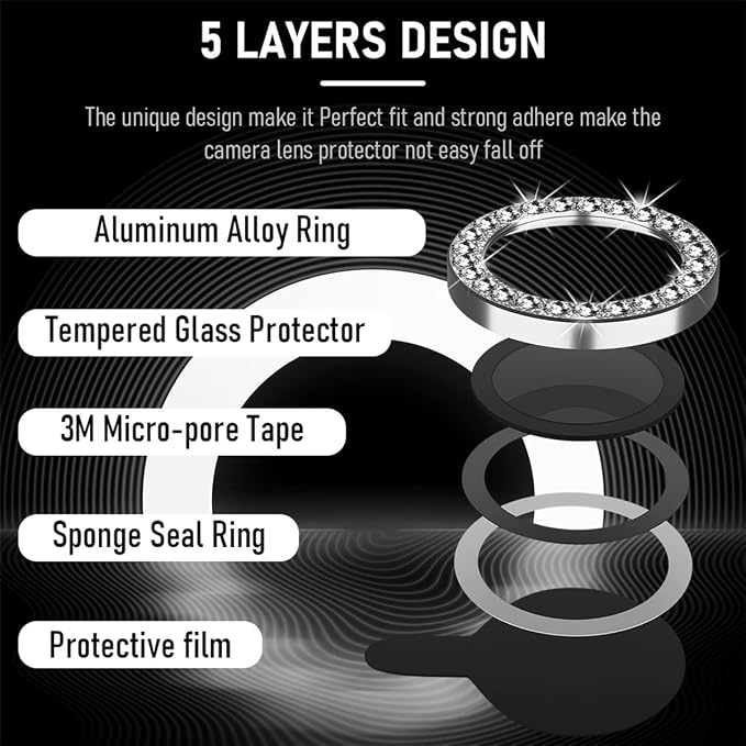 Suoman 3-Pack for 12 Pro Max Camera Lens Protector, 9H Tempered Glass, [Does not Affect Night Shots] Metal Frosted Independent Protective Cover - Diamonds-Silver
