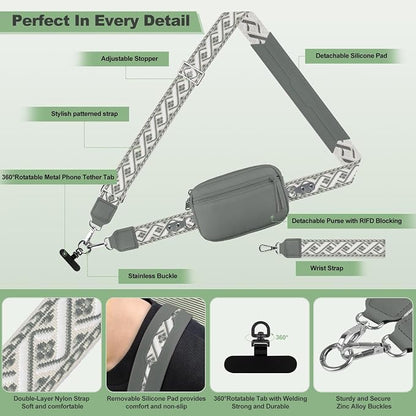 YFWE Clip and Go Strap for Phone with Wallet Crossbody, Adjustable Phone Lanyard with Detachable RFID Wristlet Wallet, Pattern Strap, Grey(M)