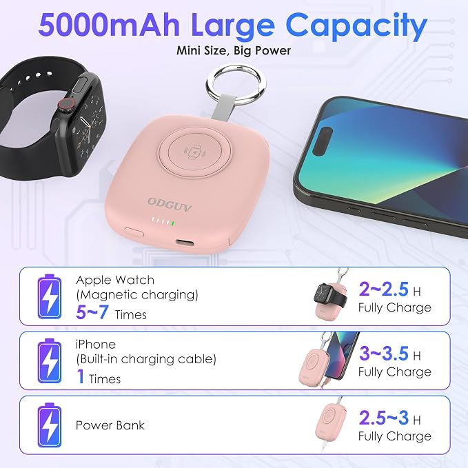 Small Portable Charger 5000mAh,iWatch Wireless Charger Mini Power Bank with Built-in Cable,Travel Keychain Charger for Apple Watch 11/10/9/8/Ultra/7/6/Se/5/4,iPhone 17/16/15/14/13/12,Android Phone