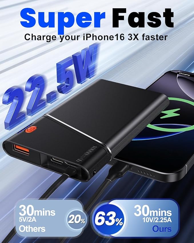 Aaoyun 10000mAh Portable Power Bank, 22.5W PD Fast Charging Battery Pack with Built-in USB-C Cable, Ultra-Slim External Phone Charger for iPhone 17/16/15, Samsung Galaxy S24, Android (Grey)
