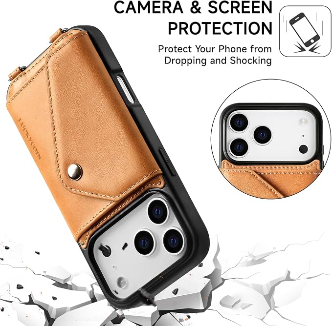LUCKYCOIN for iPhone 17 Pro Crossbody Wallet Case – Genuine Leather Phone Purse with Adjustable Strap and Card Holder,Lanyard Phone Purse Case for Women,Vintage Tan