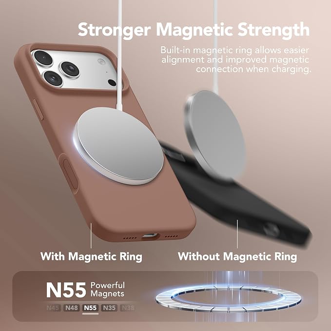 GONEZ Magnetic for iPhone 17 Pro Case, Compatible with MagSafe, [Screen Protector + Camera Lens Protector], Liquid Silicone Anti-Scratch Shockproof Protective Phone Case 6.3 inch, Brown