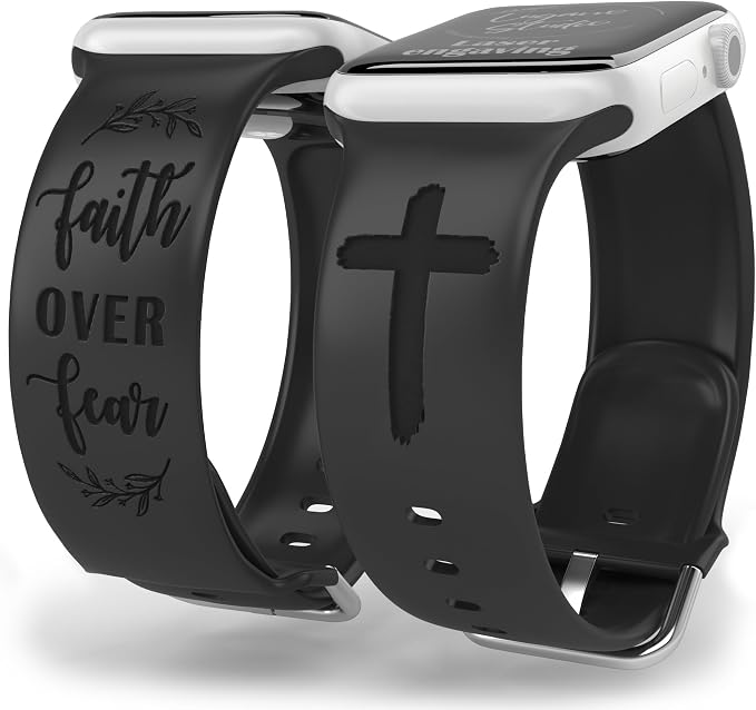 Faith Over Fear Watch Band Compatible with Apple Watch Laser Engraved iWatch Band Silicone 38mm 40mm 41mm 42mm 44mm 45mm 49mm Strap Jesus Psalm Christian God (38/40/41/42mm S/M, Black)