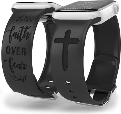 Faith Over Fear Watch Band Compatible with Apple Watch Laser Engraved iWatch Band Silicone 38mm 40mm 41mm 42mm 44mm 45mm 49mm Strap Jesus Psalm Christian God (44/45/49mm M/L, Black)