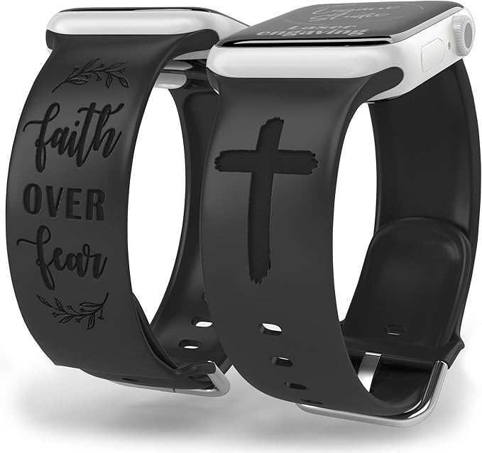 Faith Over Fear Watch Band compatible with Apple Watch Laser Engraved iWatch Band Silicone 38mm 40mm 41mm 42mm 44mm 45mm 49mm Strap Jesus Psalm Christian God (44/45/49mm S/M, Black)