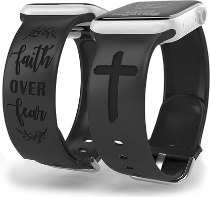 Faith Over Fear Watch Band compatible with Apple Watch Laser Engraved iWatch Band Silicone 38mm 40mm 41mm 42mm 44mm 45mm 49mm Strap Jesus Psalm Christian God (44/45/49mm S/M, Black)