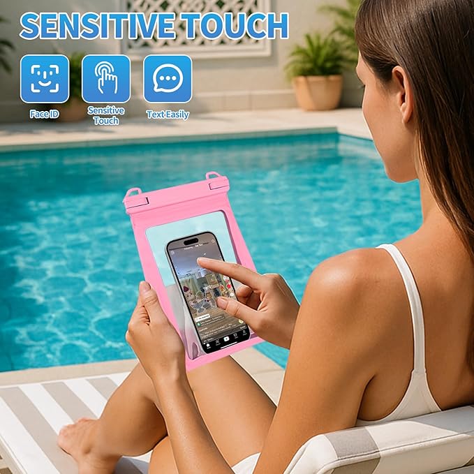 PEDVSTY Large Waterproof Phone Pouch [with Sealing Strip], Cell Phone Dry Bag for iPhone 17 16 15 14 13 Pro Max Galaxy S25 S24 S23 All Devices, Floating Water Proof Bag for Beach Water Park Hot Pink