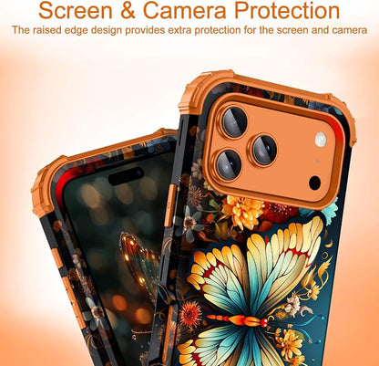 Hocase for iPhone 17 Pro Max Case, Heavy Duty Shockproof Protection Soft Silicone Rubber+Hard Plastic Bumpers Hybrid Protective Case for iPhone 17 Pro Max 2025 - Butterfly in Orange