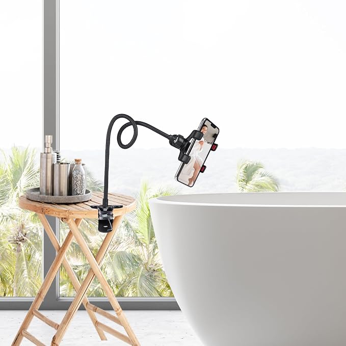 Selfdee Gooseneck Phone Holder for Bed, 360-degree Rotating Adjustable Clip Bracket Clamp Stand for Desk Bedside & Headboard Clamp,Long Arm Mobile Cell Phone Stand Lazy Bracket, for All 4-7” Devices