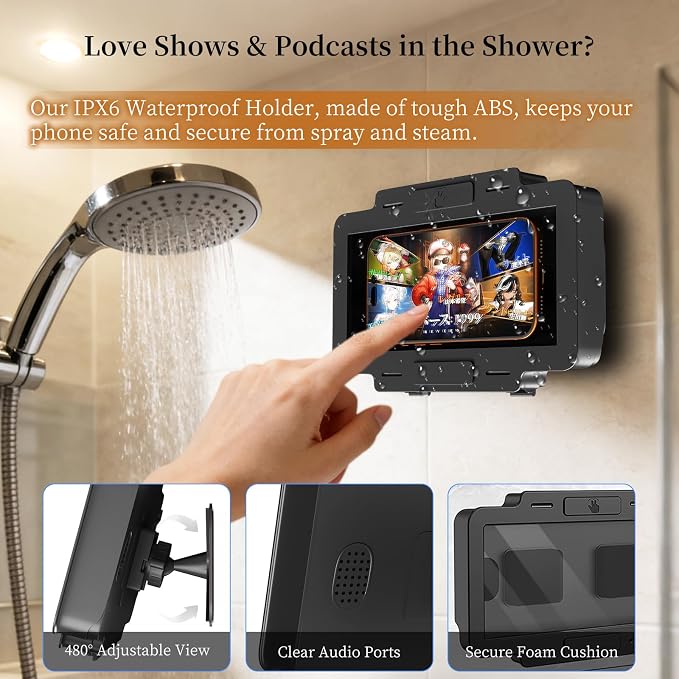 Waterproof Phone Holder for Shower, [Shower Phone Mount] with IPX6 Rating & Anti-Fog Screen, 360° Rotatable [Waterproof Shower Phone Holder] with Strong Suction for iPhone Android 4-7 Inch (Black)