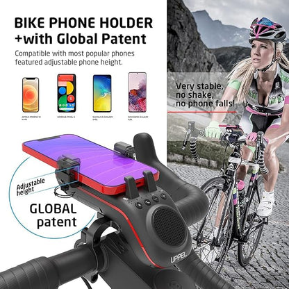 UPPEL Bluetooth Speaker Bicycle, Multifunctional Bike Phone Holder 10-in-1- LED Light - Bike Horn - Microphone - Ideal for Road & Mountain Bike (Black)
