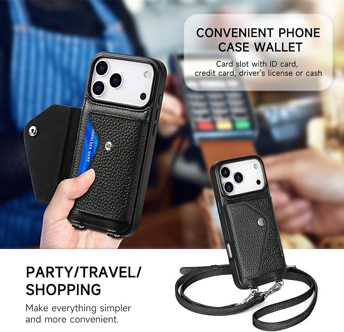 LUCKYCOIN for iPhone 17 Pro Max Crossbody Wallet Case – Genuine Leather Phone Purse with Adjustable Strap and Card Holder,Lanyard Phone Purse Case for Women,Pebble Grain Black