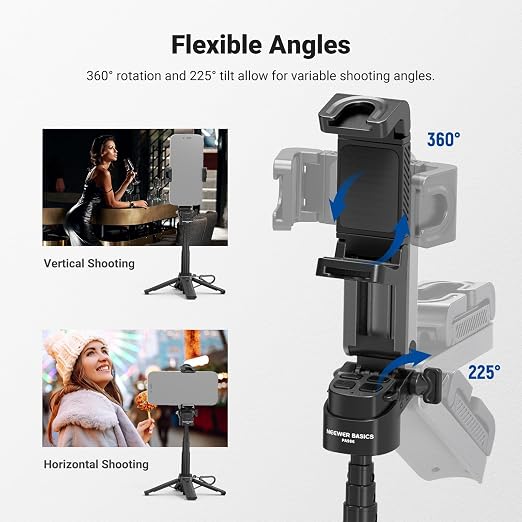 NEEWER Mini Tripod for Phone, Lightweight Foldable Small Selfie Stick Cell Phone Clamp Desk Stand with Remote & Cold Shoe Mounts Compatible with iPhone Android Samsung for Video Recording, PA986 Black