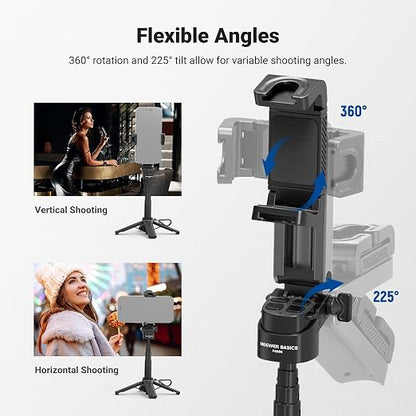 NEEWER Mini Tripod for Phone, Lightweight Foldable Small Selfie Stick Cell Phone Clamp Desk Stand with Remote & Cold Shoe Mounts Compatible with iPhone Android Samsung for Video Recording, PA986 Black