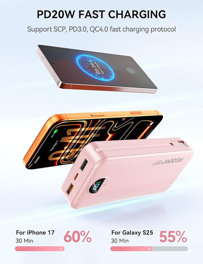 Nusyddy Portable Charger 20000mAh PD20W w/Built-in Cables & Wall Plug Pink | PD20W Fast Charging, High Capacity, LED Display, Charge 5 Devices at once, TSA Approved, Compatible with iPhone/iPad/Samsung