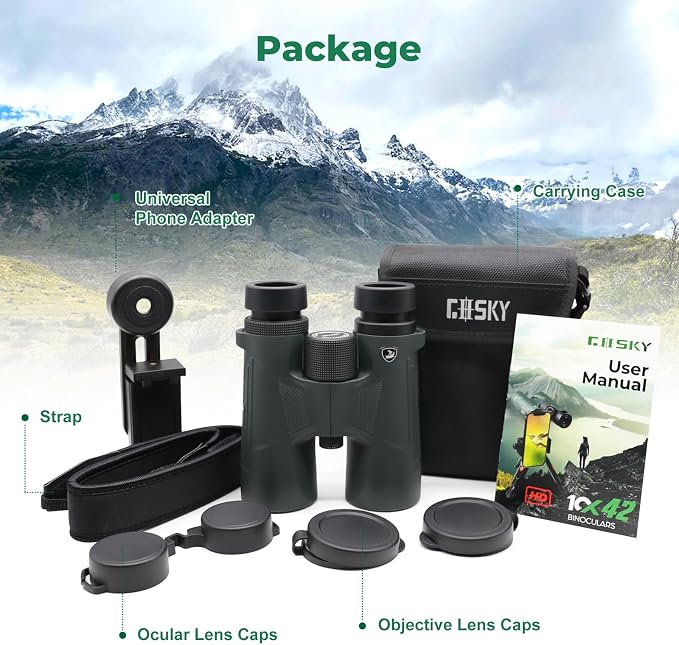 Gosky 10X42 HD Binoculars for Adults with Phone Adapter, High Power Binoculars with BAK4 Prism and FMC Lens, Waterproof Binocular for Bird Watching Hunting Traveling Outdoor Sports