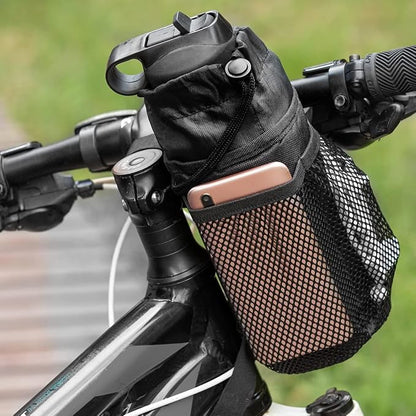 Caudblor Bike Water Bottle Holder Bag for Kid Adult, Insulated Bicycle Coffee Cup Holders with Phone Storage, Black Handlebar Drink/Beverage Container for Walker/Cruiser/Exercise/Mountain Bike