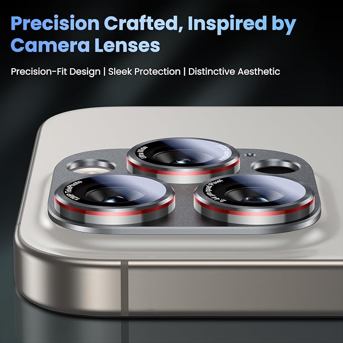 Uyiton Professional Camera Style for iPhone 16 Pro Max/16 Pro/14 Pro Max/14 Pro Camera Lens Protector - [Unique Typography + Phone Lens Red Circle Design] Metal Tempered Glass Camera Cover, Grey+Red