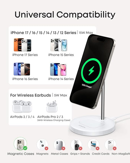 Anker MagSafe Compatible MagGo Charger Stand, iPhone 17 Wireless Charger, 2-in-1 Charging Station, Qi2 Certified 15W Fast Charging, for iPhone 17/16/15/14/13, AirPods Pro (White, with Cable)