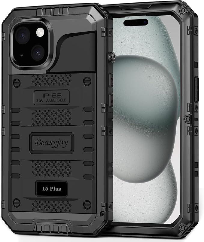 Beasyjoy for iPhone 15 Plus Case Waterproof, Metal Heavy Duty Full Body Protective Case with Built-in Screen Protector, Military Grade Shockproof Dustproof Defender Case for iPhone 15 Plus 6.7", Black