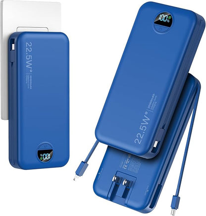 20000mAh Ultra-Portable-Charger-Power-Bank with Built in Cables&AC Wall Plug,PD20W USB-C Fast Charging Cell Phone Charger Battery Pack,LED Display Travel Battery Bank for All iPhone,Samsung,Android
