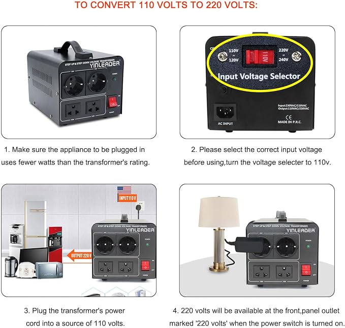 Yinleader 110V to 220V EU Voltage Converter Transformer Step Up/Down | 120V to 240V with 2 US&2 EU Outlets 1500W [110V US Power Cord Included Only, No 220V Cord]