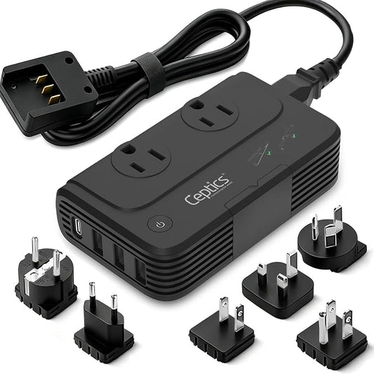 Ceptics - 6 in 1 Travel Adapter and Voltage Converter, 220V to 110V Converter with Surge Protection, Universal Adapter with Types A, C, G, I attachments & 4 USB PD 18W Fast Charging - Black