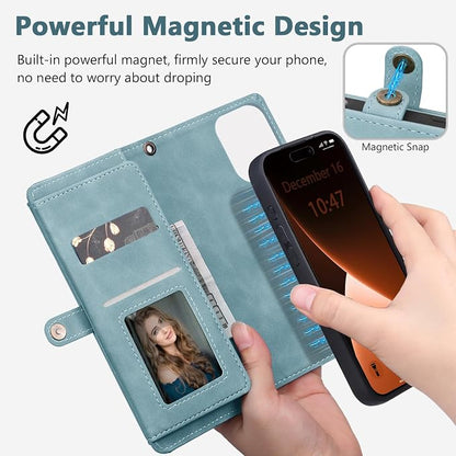Wallet Case for iPhone 15 Pro with Card Holder/Crossbody Wallet/Strap| RFID Blocking | Magnetic | Kickstand | Detachable | PU Leather Phone Case for iPhone 15 Pro,6.1 in,Blue