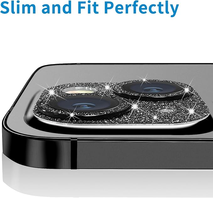 Compatible with iPhone 14 and iPhone 14 Plus Camera Lens Protector, Bling Glitter 9H Tempered Glass Camera Cover Anti Scratch Shockproof Lens Screen Full Protective Cover -Black