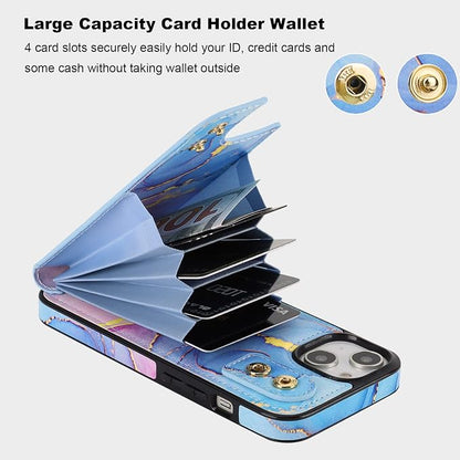 HAOPINSH for iPhone 13/ iPhone 14 Wallet Case with Card Holder, 360°Rotation Ring Kickstand, Pink Blue Marble Pattern, RFID Blocking Leather for Girls Women, Double Buttons Protective Cover 6.1"