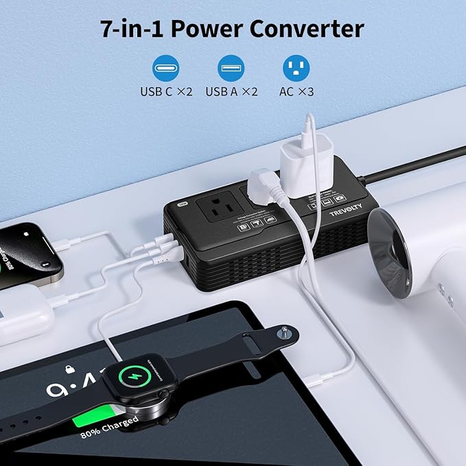 2000W Voltage Converter US to Europe for Hair Dryers, 7-in-1 220V to 110V Converter for European Travel with 3 AC/2 USBA/2 USBC Ports, Power Converter Adapter Combo with Type G/C/I/L Plugs