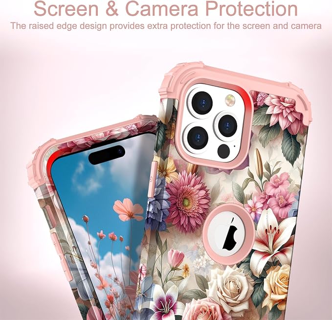 Hocase for iPhone 14 Pro Max Case, Heavy Duty Shockproof Protection Soft Silicone Rubber+Hard Plastic Bumpers Hybrid Protective Case for iPhone 14 Pro Max 2022 - Rose & Lily Flowers