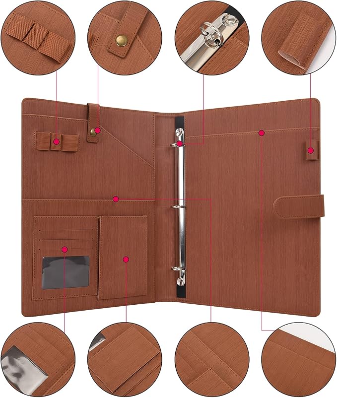 Wonderpool A4 PU Leather Portfolio Holder Ring File Document Case with Removable Binder Clipboard, Multi Pocket and Legal Pad for Business Organizer Interview and Meeting (Brown)