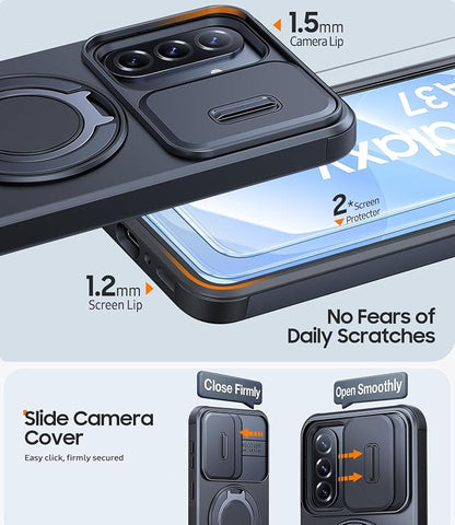 JAME for Samsung Galaxy A37/A36/A56 5G Case, Ring Holder Stand Kickstand, Slide Camera Cover, 2 Screen Protectors, Dual-Layer Shockproof Protective, Magnetic Accessory Friendly Phone Case, Black