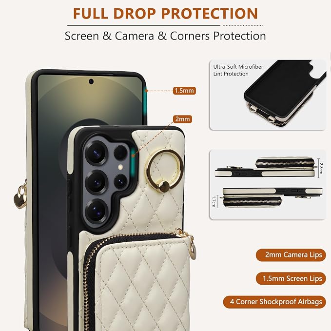 Keallce Case for Samsung Galaxy S26 Ultra 6.9'' Wallet Case,Crossbody Zipper Purse Wrist Strap Lanyard Handbag,RFID Blocking Card Slots,Flip Leather Cover for Samsung S26 Ultra,Beige