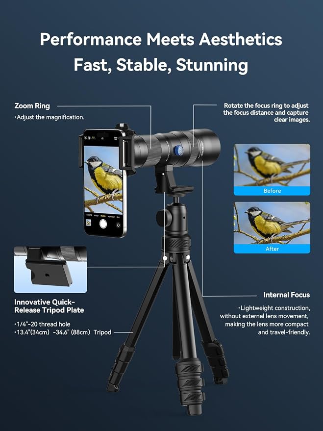MIAO LAB 20-60X Zoom Telephoto Lens for Smartphones | High-Power Phone Lens Kit with Tripod & Universal Clip | Compatible with iPhone 17/16/15/14/13 Series, Samsung & Android Devices