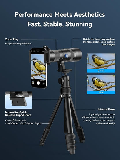 MIAO LAB 20-60X Zoom Telephoto Lens for Smartphones | High-Power Phone Lens Kit with Tripod & Universal Clip | Compatible with iPhone 17/16/15/14/13 Series, Samsung & Android Devices