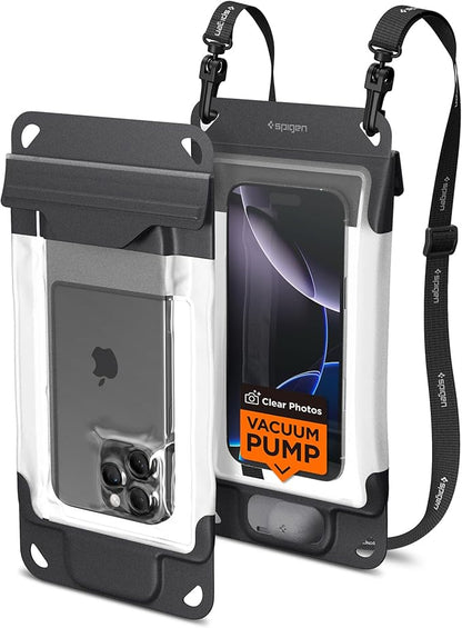 Spigen Universal Waterproof Phone Pouch with Vacuum Seal Technology & Built-in Pump, IP68 Certified Dry Bag Case for iPhone, Galaxy, Pixel with Clear Touchscreen & Anti-Fog Design - Charcoal Gray