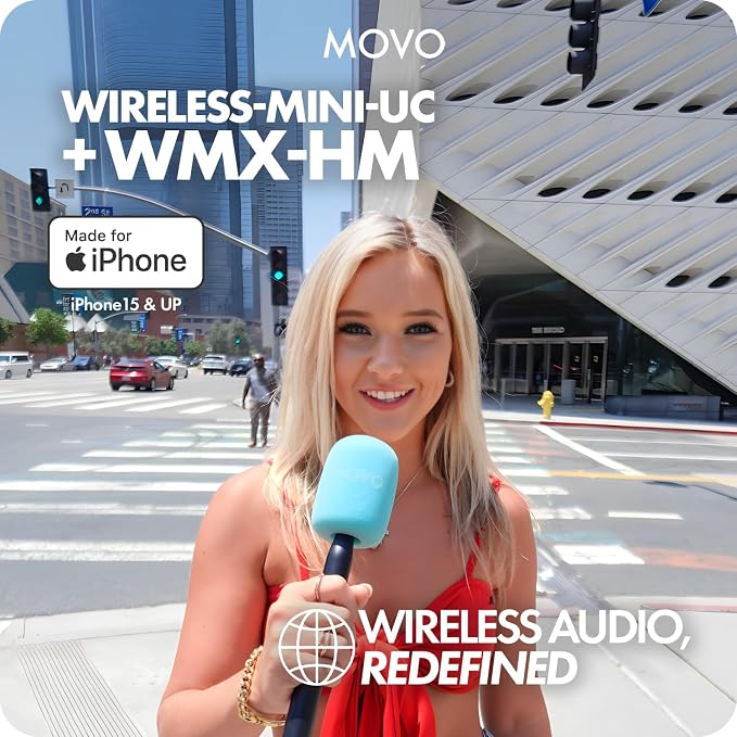 Movo Wireless Mini UC Ultra Compact Wireless Lavalier Microphone for iPhone 15/16/17 and up with WMX-HM Handheld Adapter - Lapel Mic with Handle Mount for Content Creators, Interviews, Reporting