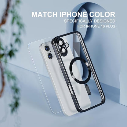 Misea Magnetic for iPhone 16 Plus Case Compatible with MagSafe [Never Yellowing] [Military Grade Drop Protection] Full Camera Lens Protector Plating Soft Clear Phone Case for Women 6.7", Black