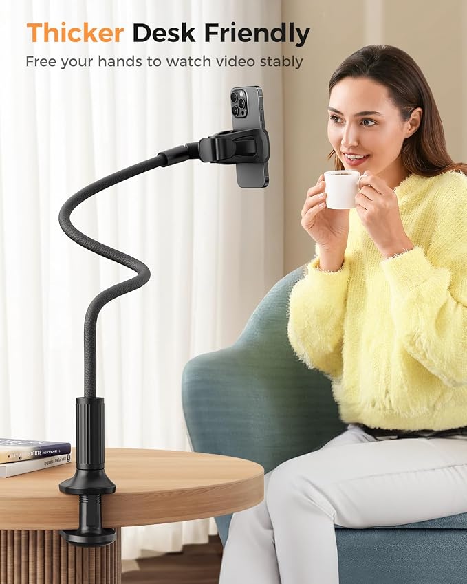 SAIJI Gooseneck Phone Holder for Bed Overall Length 38.6” Flexible Leather Wrapped Arm Overhead Cell Phone Mount Stand with 360° Adjustable Clamp Clip, Compatible with All 4-7” Cellphones (Black)
