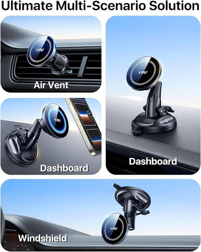 YRU [True Upgraded Military-Grade Phone Holder for Magsafe Car Mount 360° Rotating Vacuum Suction Dashboard, 2800gf Strongest Magnetic Windshield Phone Mount for iPhone 17 Pro Max 16 15 14,Black