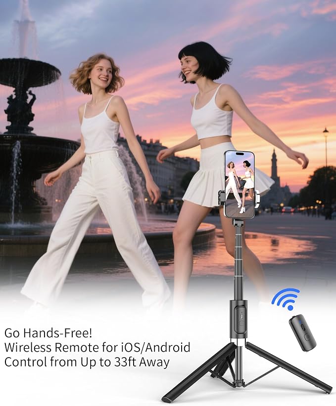 Selfie Stick Tripod for iPhone, Portable Cell Phone Tripod Stand with Wireless Remote, All in One Travel Tripods Selfie Stick, Compact Phone Stand Compatible with iPhone, Android, Samsung Series