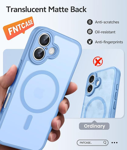 FNTCASE for iPhone 16 Case [Compatible with Magsafe] Translucent Matte Cases with [Screen Protector] Military Grade Shockproof Protective Phone Cover - Light Blue
