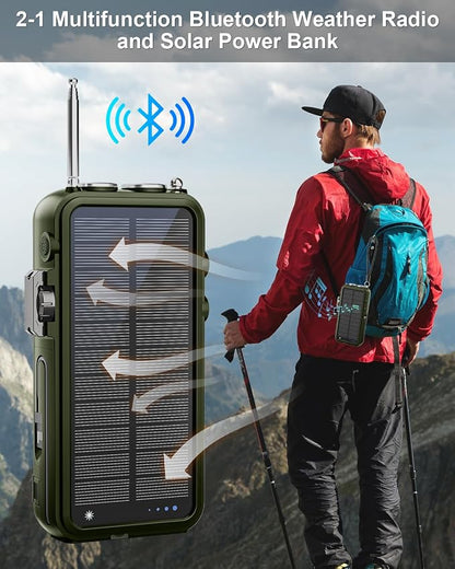 Emergency Radio&22000mAh Solar Power Bank, FM NOAA Weather Radio, Portable Hand Crank Bluetooth Radio, 20W Fast Charge Wireless Phone Charger, SOS Flashlight for Emergency/Home (Green)